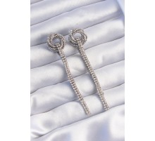 Pirinç Gümüş Renk Zirkon Taşlı Kıvrım Detay Sallantılı Küpe - TJ-BKP9255