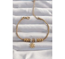 316L Çelik Gold Renk Zirkon Taş Aksesuarlı Çiçek Bileklik - TJ-BB6235