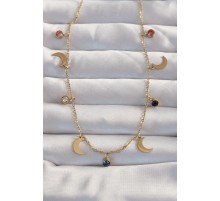 316L Çelik Gold Renk Ay Model Renkli Zirkon Taşlı Kolye - TJ-BKO8963