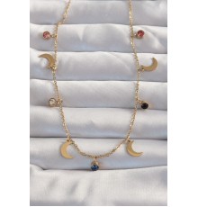 316L Çelik Gold Renk Ay Model Renkli Zirkon Taşlı Kolye - TJ-BKO8963