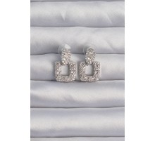 Pirinç Gümüş Renk Zirkon Taşlı Kare Form Küpe - TJ-BKP9268