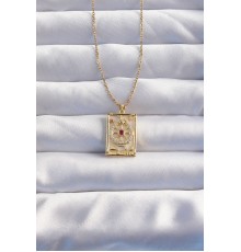 316L Çelik Zincir Gold Renk Pembe Zirkon Taşlı Tarot Kolye - TJ-BKO8982