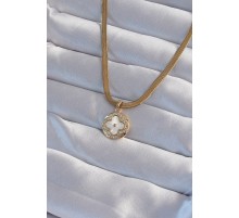 316L Çelik İtalyan Zincirli Gold Renk Zirkon Taşlı Sedefli Yonca Model Kolye - TJ-BKO8987