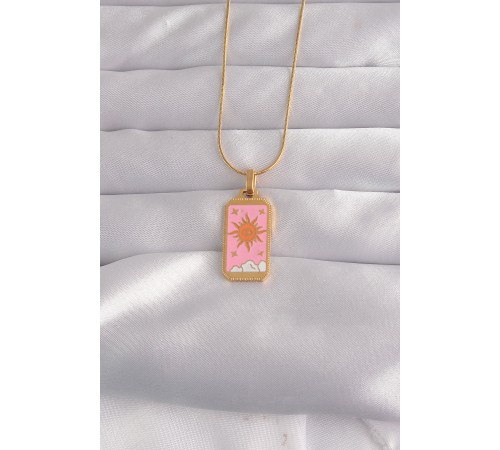 316L Çelik Gold Renk Pembe Mineli Güneş Model Tarot Kolye - TJ-BKO9029
