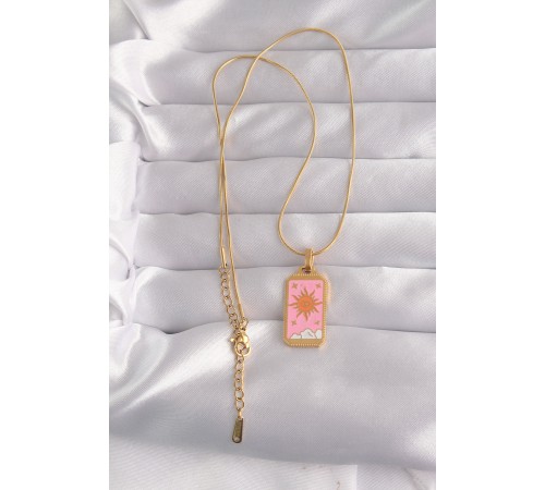 316L Çelik Gold Renk Pembe Mineli Güneş Model Tarot Kolye - TJ-BKO9029