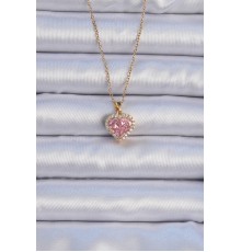 316L Çelik Zincir Altın Renk Pembe Zirkon Taşlı Kalp Kolye - TJ-BKO9067