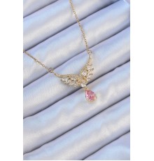 316L Çelik Zincir Altın Renk Kanatlı Zirkon Taş Figür Pembe Taşlı Damla Kolye - TJ-BKO9095