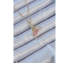 316L Çelik Zincir Altın Renk Pembe Zirkon Taşlı Balerin Kolye - TJ-BKO9137