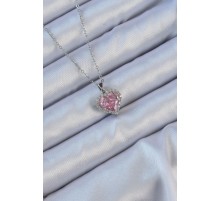 316L Çelik Zincir Gümüş Renk Pembe Zirkon Taşlı Kalp Kolye - TJ-BKO9142