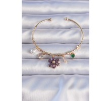 Pirinç Altın Renk Mor Zirkon Taşlı Çiçek Figürlü Charm Bileklik - TJ-BB6289