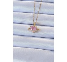 316L Çelik Zincir Altın Renk Pembe Zirkon Taşlı Satürn Görünümlü Kalp Kolye - TJ-BKO9220