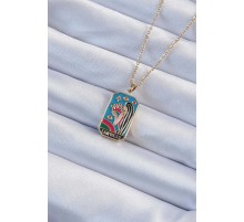 316L Çelik Zincir Altın Renk Taç ve Kız Figürlü Renkli Mineli Tarot Kolye - TJ-BKO9229
