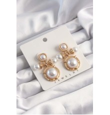 Pirinç Gold Renk İnci Taşlı Motifli Küpe - TJ-BKP9502