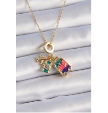 316L Çelik Gold Renk Zirkon Taşlı Uçak Bavul Figür Charm Model Kadın Kolye - TJ-BKO9318