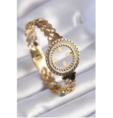 316L Çelik Gold Renk Çeyrek Altın Takılabilen Zirkon Taşlı Kalp İşleme Detay Kadın Bileklik - TJ-BB6397