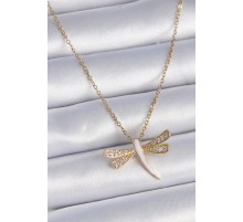 316L Çelik Zincir Gold Renk Zirkon Taşlı Pembe Sedefli Yusufçuk Model Kadın Kolye - TJ-BKO9360
