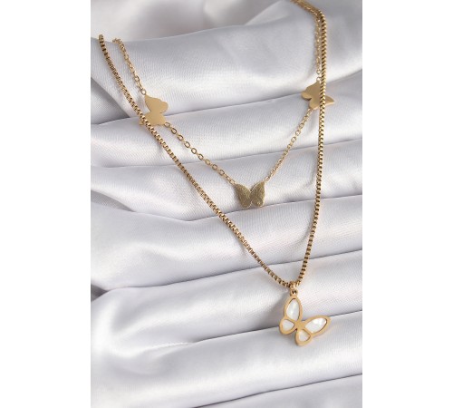 316L Çelik Gold Renk 2'Li Zincir Model Beyaz Sedefli Kelebek Figür Kadın Kolye - TJ-BKO9423 316L Çelik Gold Renk 2'Li Zincir Model Beyaz Sedefli Kelebek Figür Kadın Kolye - TJ-BKO9423
