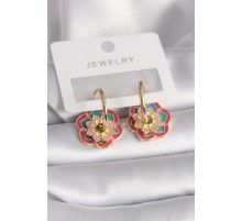 Pirinç Gold Renk Kırmızı Pembe Renkli Motif Çiçek Model Kadın Küpe - TJ-BKP9672