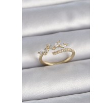 Pirinç Gold Renk Ayarlanabilir Zirkon Taşlı Yaprak Model Kadın Yüzük - TJ-BYK3378
