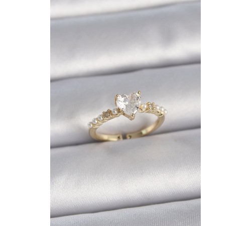 Pirinç Gold Renk Ayarlanabilir Zirkon Taşlı Kalp İnci Detay Kadın Yüzük - TJ-BYK3384 Pirinç Gold Renk Ayarlanabilir Zirkon Taşlı Kalp İnci Detay Kadın Yüzük - TJ-BYK3384