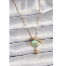 316L Çelik Gold Renk Zincir Zirkon Taşlı Yeşil Mineli Ay Yıldız Model Kadın Kolye - TJ-BKO9472
