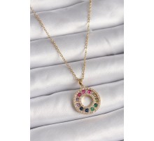 316L Çelik Gold Renk Zincir Renkli Zirkon Taşlı Madalyon Model Kadın Kolye - TJ-BKO9490