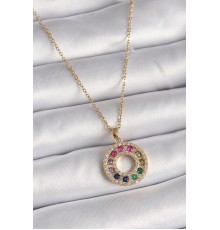 316L Çelik Gold Renk Zincir Renkli Zirkon Taşlı Madalyon Model Kadın Kolye - TJ-BKO9490