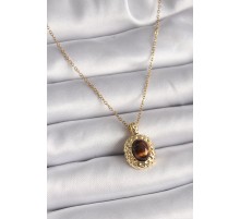 316L Çelik Gold Renk Zincir Kehribar Boncuk Model Kadın Kolye - TJ-BKO9492