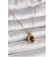 316L Çelik Gold Renk Zincir Kehribar Boncuk Model Kadın Kolye - TJ-BKO9492