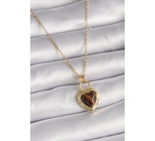316L Çelik Gold Renk Zincir Kilit Kalp Kehribar Boncuk Model Kadın Kolye - TJ-BKO9496