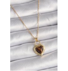 316L Çelik Gold Renk Zincir Kilit Kalp Kehribar Boncuk Model Kadın Kolye - TJ-BKO9496