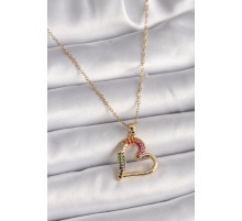 316L Çelik Gold Renk Zincir Renkli Zirkon Taşlı Kalp Model Kadın Kolye - TJ-BKO9503