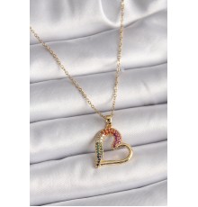 316L Çelik Gold Renk Zincir Renkli Zirkon Taşlı Kalp Model Kadın Kolye - TJ-BKO9503