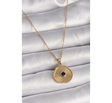 316L Çelik Gold Renk Zincir Siyah Zirkon Taş Madalyon Model Kadın Kolye - TJ-BKO9504