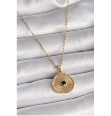 316L Çelik Gold Renk Zincir Siyah Zirkon Taş Madalyon Model Kadın Kolye - TJ-BKO9504