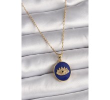 316L Çelik Gold Renk Zincir Mavi Mineli Zirkon Taşlı Göz İşleme Kadın Kolye - TJ-BKO9505