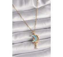 316L Çelik Gold Renk Zincir Mavi Mineli Hilal Model Sallantı Zirkon Taş Detay Kadın Kolye - TJ-BKO9509