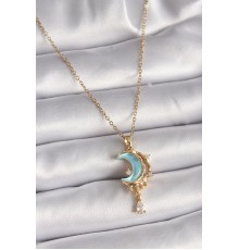 316L Çelik Gold Renk Zincir Mavi Mineli Hilal Model Sallantı Zirkon Taş Detay Kadın Kolye - TJ-BKO9509
