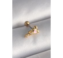 316L Çelik Gold Renk Zirkon Taş Detay Pembe Kalp İşleme Tragus Piercing - TJ-PR1280
