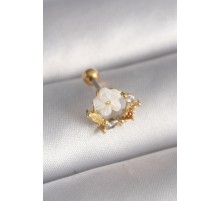 316L Çelik Gold Renk Zirkon Taş Detay Beyaz Çiçek Model Tragus Piercing - TJ-PR1358
