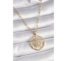 316L Çelik Gold Renk Zirkon Taşlı Güneş Madalyon Model Kadın Kolye - TJ-BKO9530