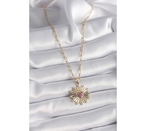 316L Çelik Gold Renk Pembe Zirkon Taşlı Kalp İşleme Madalyon Model Kadın Kolye - TJ-BKO9534