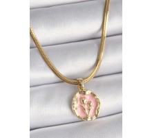 316L Çelik Gold Renk İtalyan Zincir Pembe Çiçek Madalyon Model Kadın Kolye - TJ-BKO9540