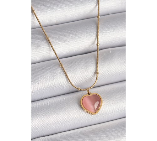 316L Çelik Gold Renk Pembe Kedi Gözü Sedefli Kalp Model Kadın Kolye - TJ-BKO9553 316L Çelik Gold Renk Pembe Kedi Gözü Sedefli Kalp Model Kadın Kolye - TJ-BKO9553