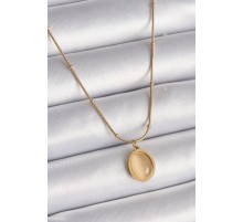 316L Çelik Gold Renk Sarı Kedi Gözü Sedefli Oval Model Kadın Kolye - TJ-BKO9557