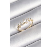 Pirinç Gold Renk Zirkon Taşlı Kalp Model Yıldız Detay Kadın Yüzük - TJ-BYK3428