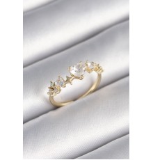 Pirinç Gold Renk Zirkon Taşlı Kalp Model Yıldız Detay Kadın Yüzük - TJ-BYK3428