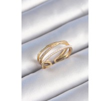 Pirinç Gold Renk Sıralı Zirkon Taş İnci Detay Çift Sıra Kadın Yüzük - TJ-BYK3448