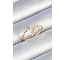 Pirinç Gold Renk Zirkon Taşlı İncili Yaprak Model Kadın Yüzük - TJ-BYK3452