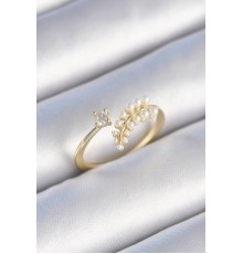 Pirinç Gold Renk Zirkon Taşlı İncili Yaprak Model Kadın Yüzük - TJ-BYK3452